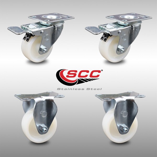 3 Inch SS Nylon Wheel Swivel Top Plate Caster Lock Brake 2 Rigid SCC, 2PK